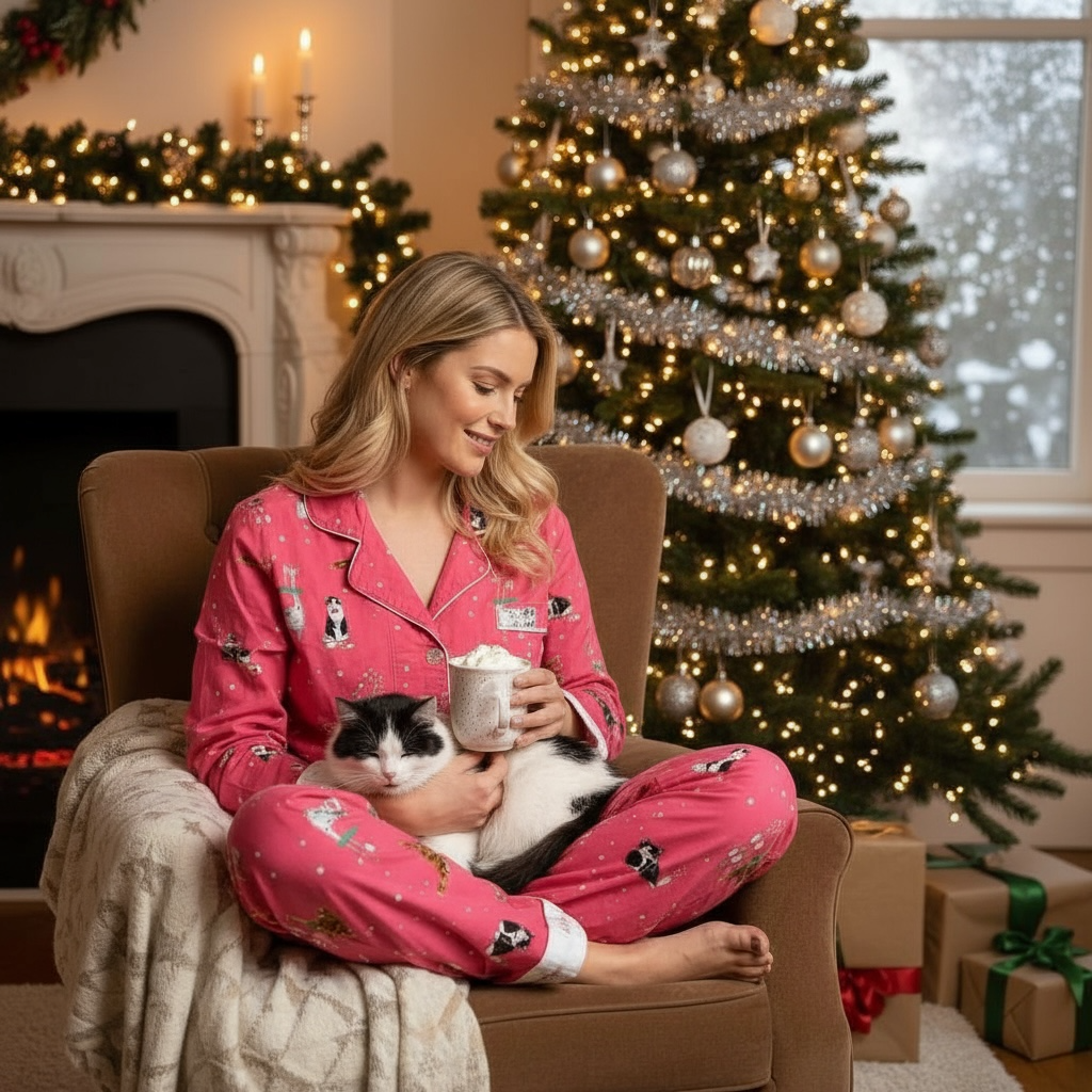 Premium Womens Luxury brushed cotton pyjamas set - Champagne cats