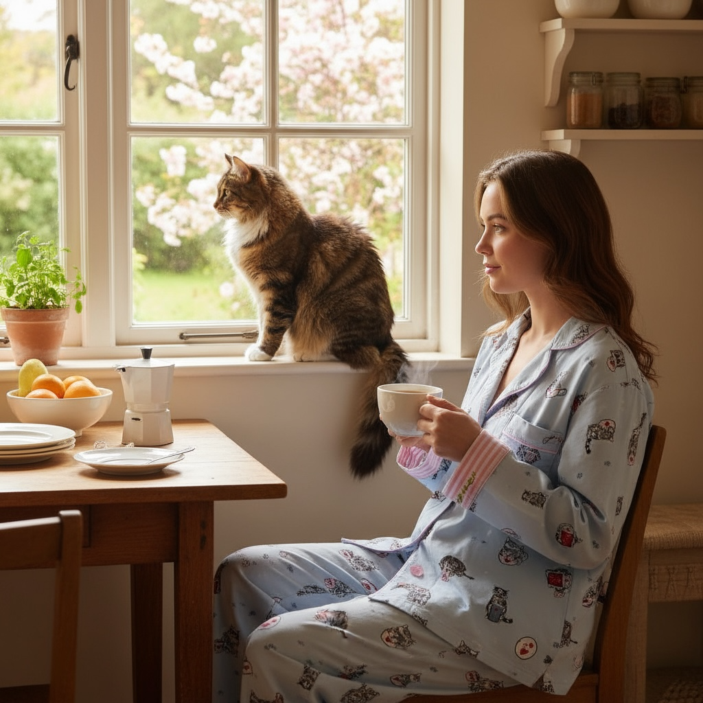 Premium Womens Luxury brushed cotton pyjamas set - Coffee cats