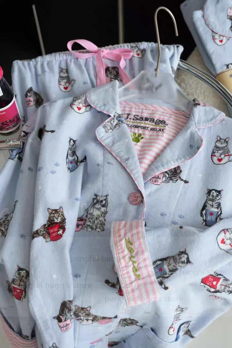 Premium Womens Luxury brushed cotton pyjamas set - Coffee cats