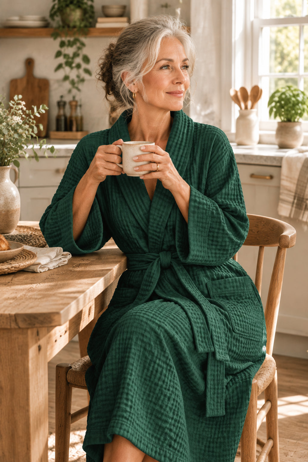 Sunday Waffle cotton dressing gown with tie belt and pockets