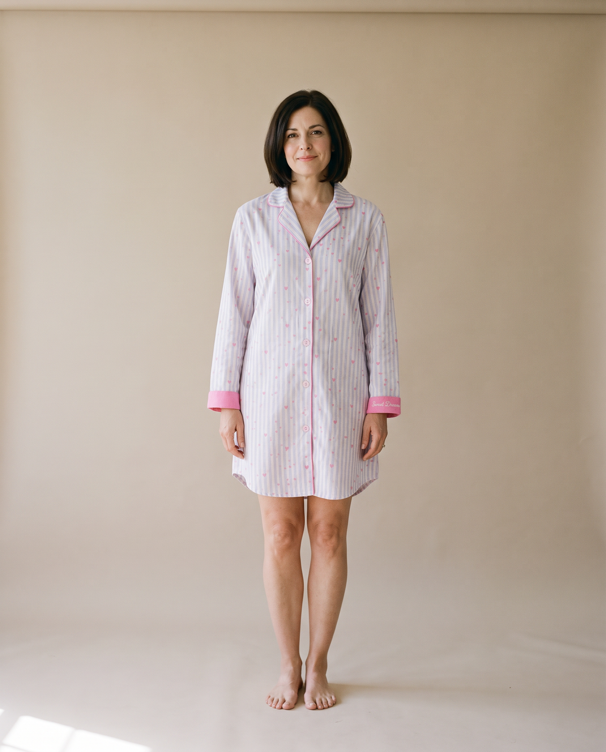 Brushed Cotton Pick a Print Long Sleeve Button Shirt Nightdress in Blue Stripes and Pink Hearts, front view