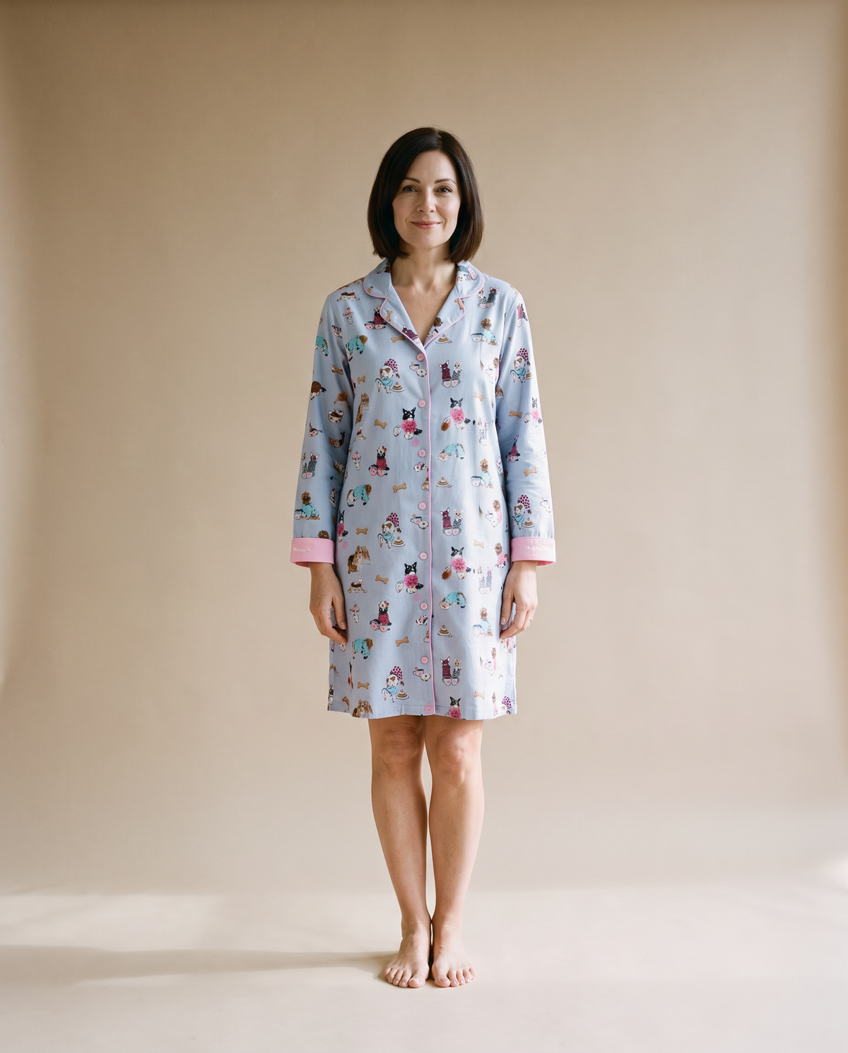 Brushed Cotton Pick a Print Long Sleeve Button Shirt Nightdress in Coffee Cats, front view