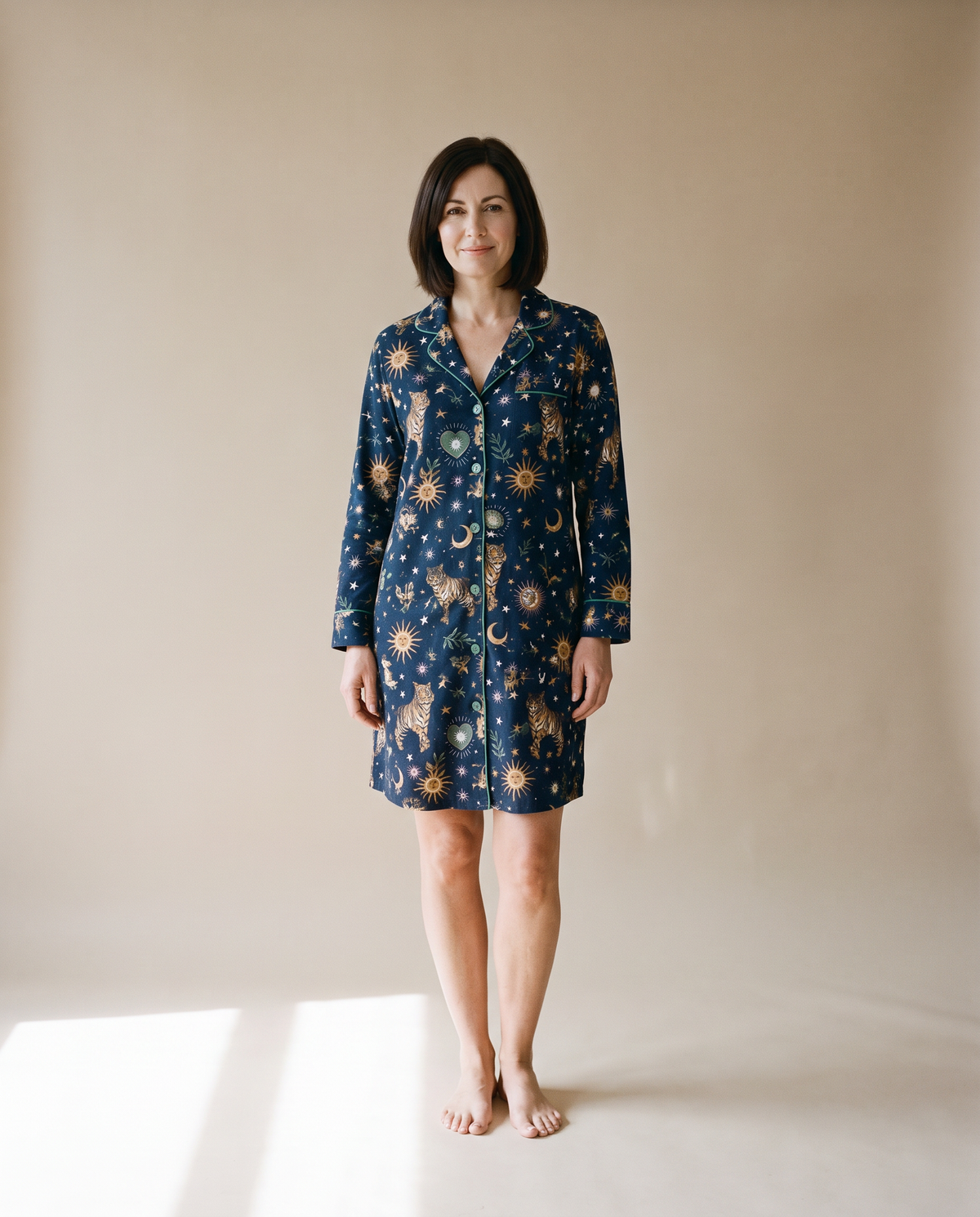 Brushed Cotton Pick a Print Long Sleeve Button Shirt Nightdress in Navy Galaxy Moon & Stars & Leopards, front view