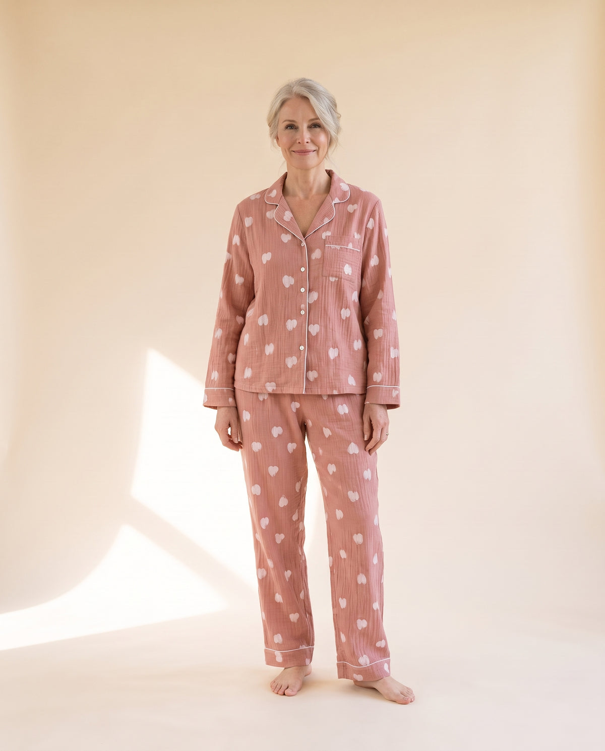 Sweetheart cotton gauze pyjama set in Pink, front view
