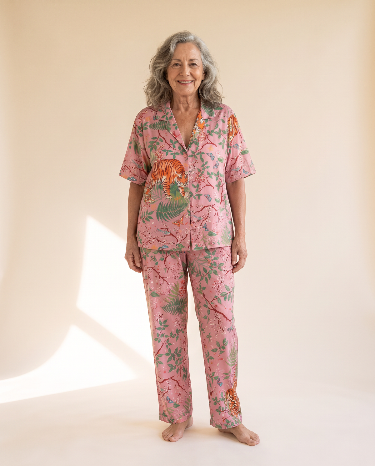 Wild Tiger women’s 100% viscose long pyjama set in Pink, front view