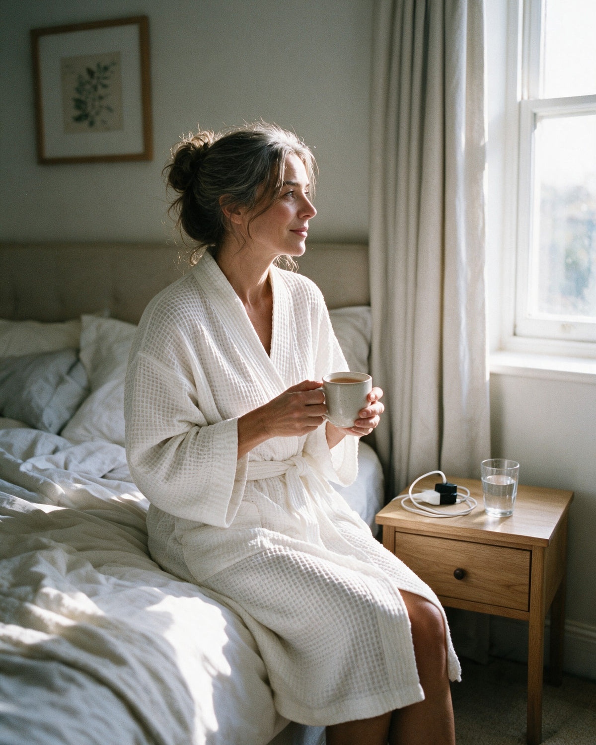 Sunday Waffle Cotton Hotel Robe, worn at home