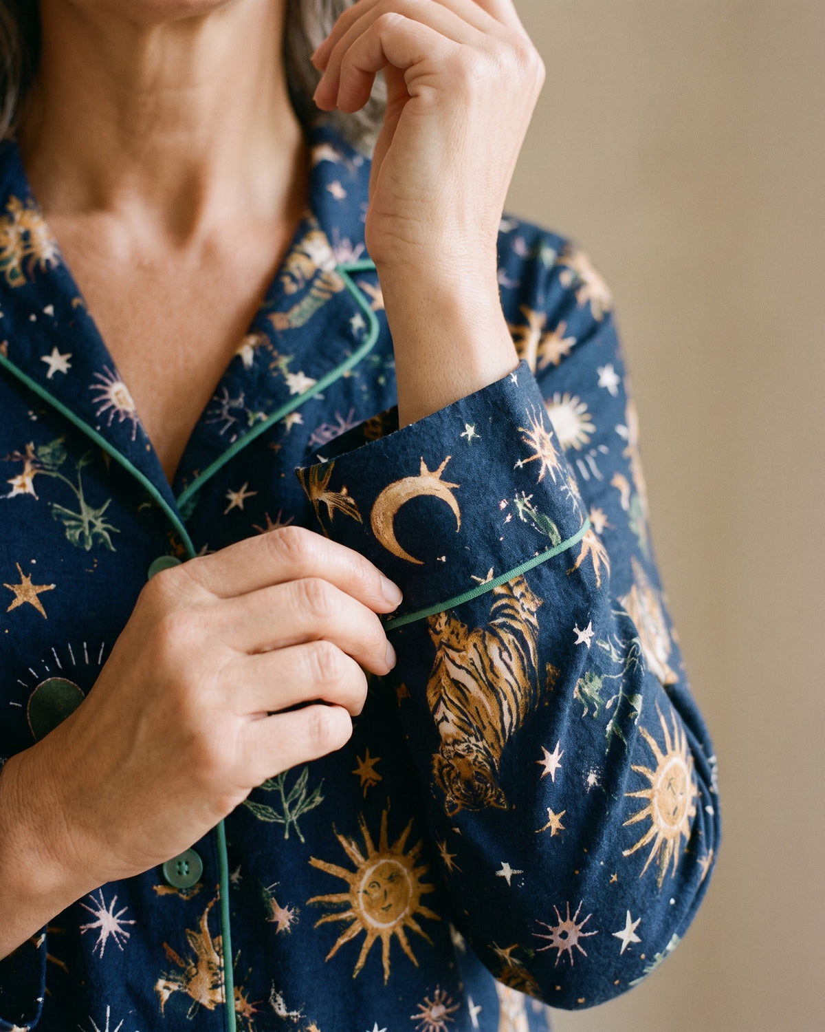 Brushed Cotton Pick a Print breathable Long Sleeve Button Shirt Nightdress, close-up detail