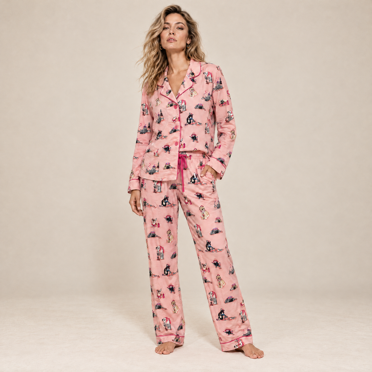 Blonde woman wearing pink champagne cats print cotton flannel pyjamas with contrast piping