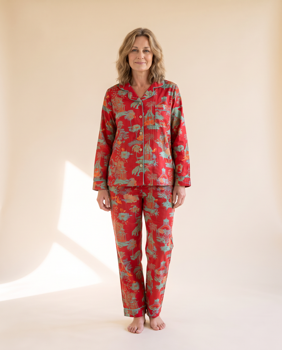 Night Owl Pyjamas Oriental Bloom cotton pyjama set in red, with a printed shirt and matching trousers