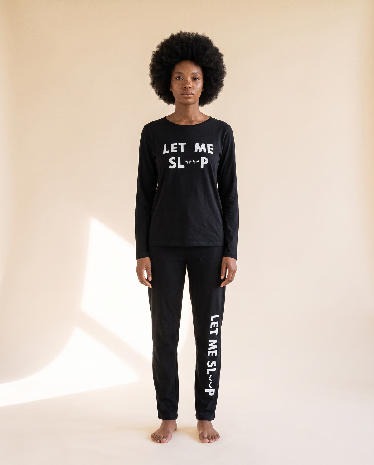 Night Owl Pyjamas Let Me Sleep lightweight black pyjamas, with a long-sleeved top and matching trousers