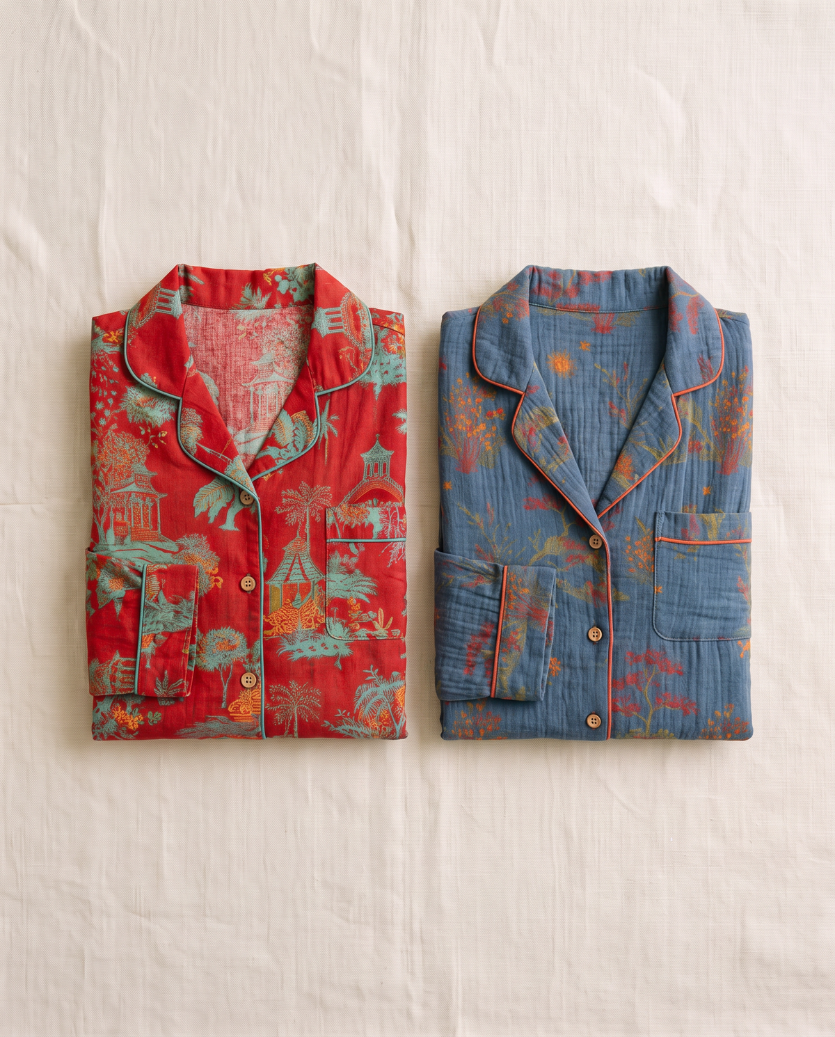 Night Owl Pyjamas Oriental Bloom pyjamas folded in red and teal blue, showing the two print colours