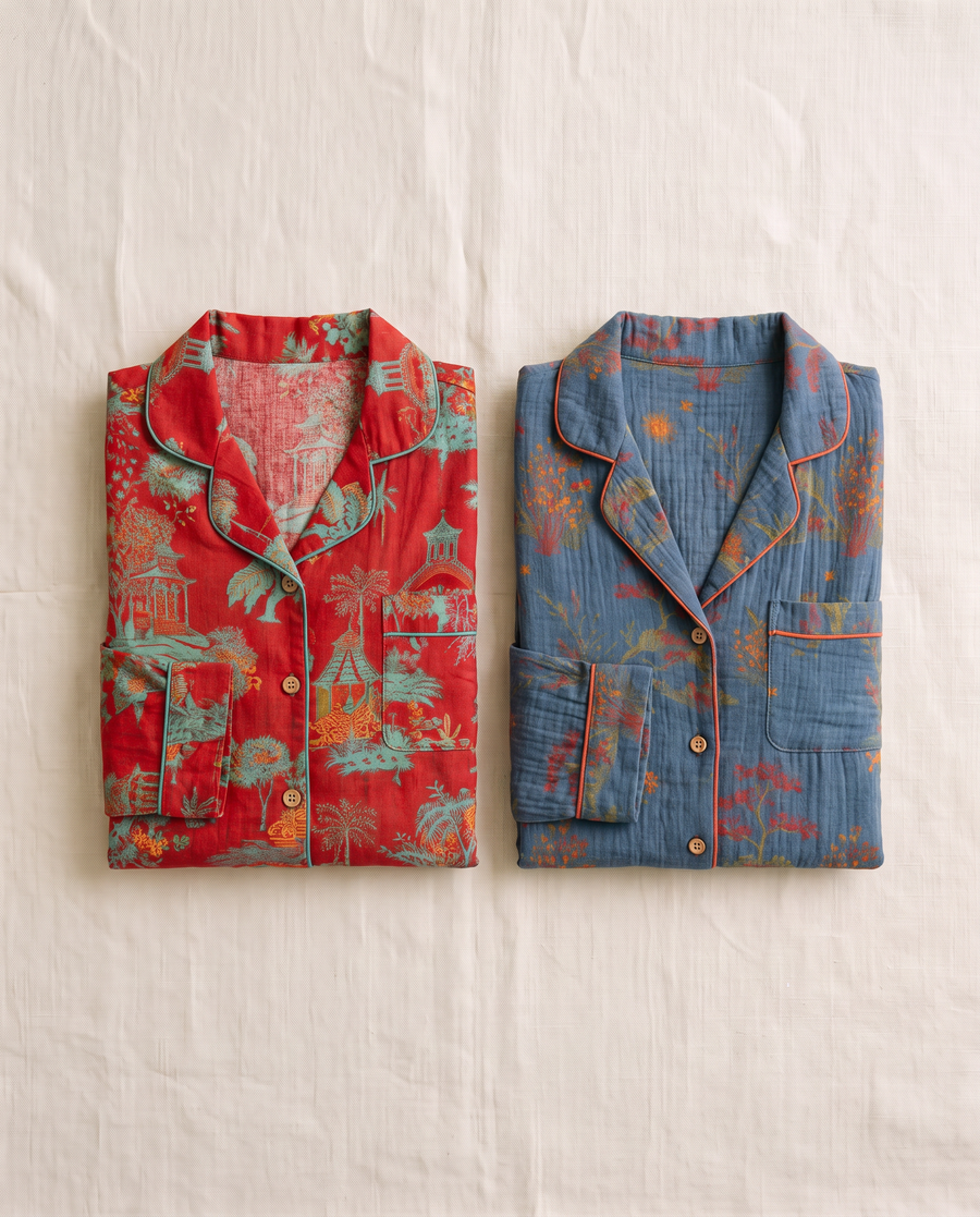 Night Owl Pyjamas Oriental Bloom pyjamas folded in red and teal blue, showing the two print colours