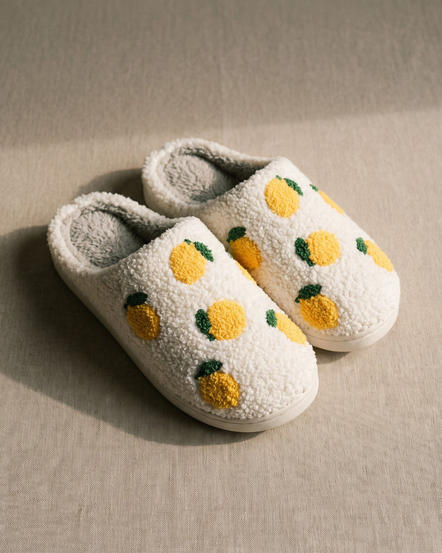 Night Owl Pyjamas Lemon Drop slippers, showing the lemon design and soft plush lining