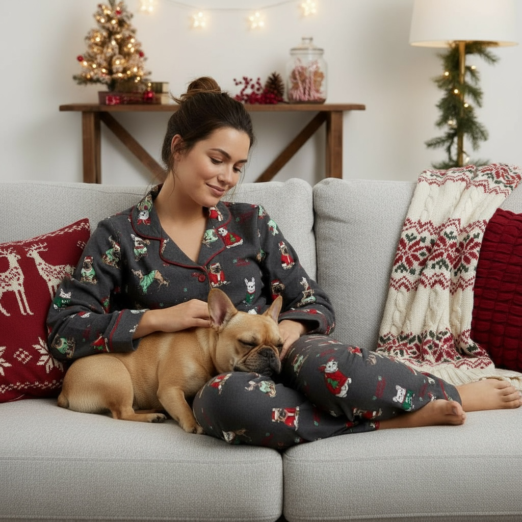 Premium Womans Luxury Brushed Cotton pyjamas set - Christmas Dogs