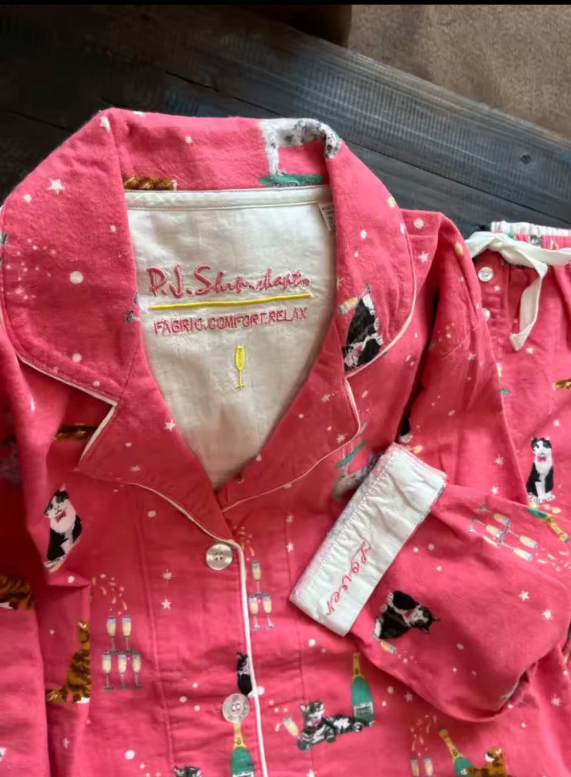 Premium Womens Luxury brushed cotton pyjamas set  - Champagne cats