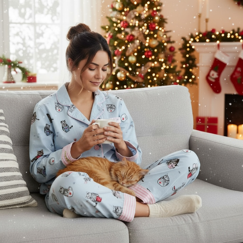 Premium Womens Luxury brushed cotton pyjamas set - Coffee cats