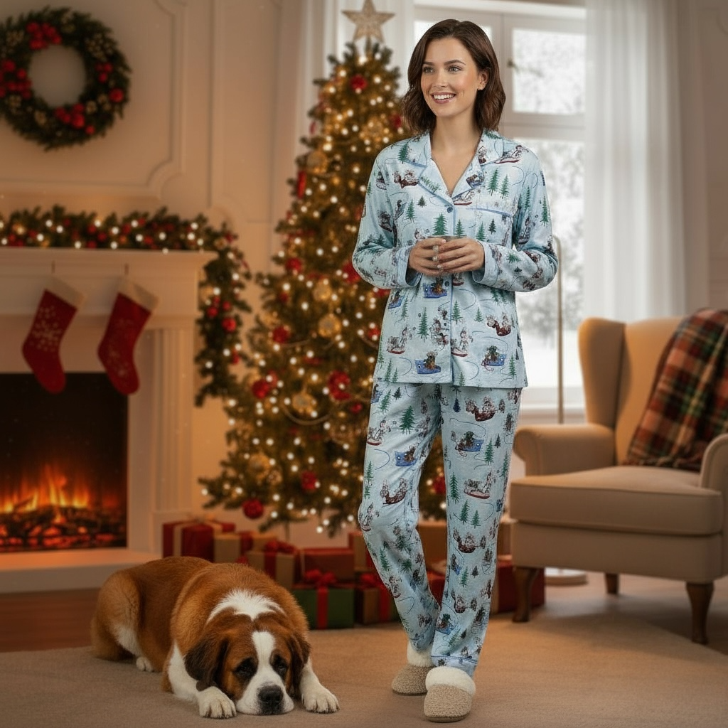 Premium Womens Luxury Brushed cotton Pyjamas Set - Skiing Dogs