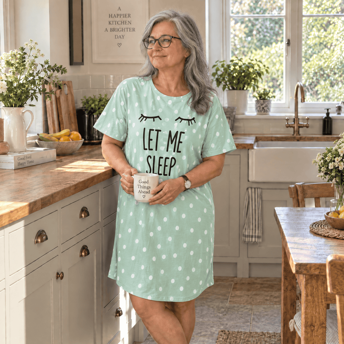 Woman wearing a light green polka dot Night Owl Pyjamas nightdress with 'LET ME SLEEP' text.