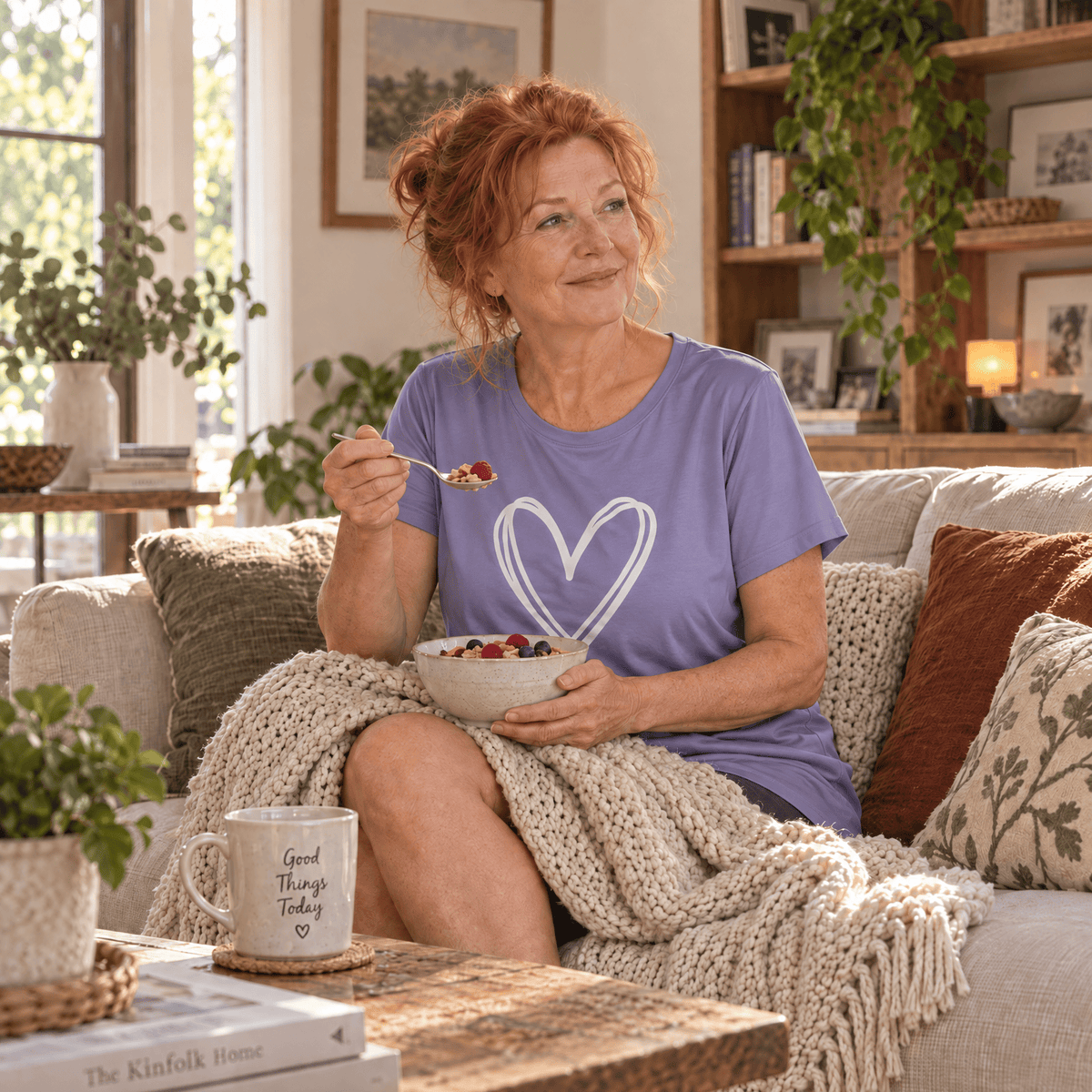 Woman in a purple Night Owl Pyjamas lightweight nightdress with a heart design eating berries.