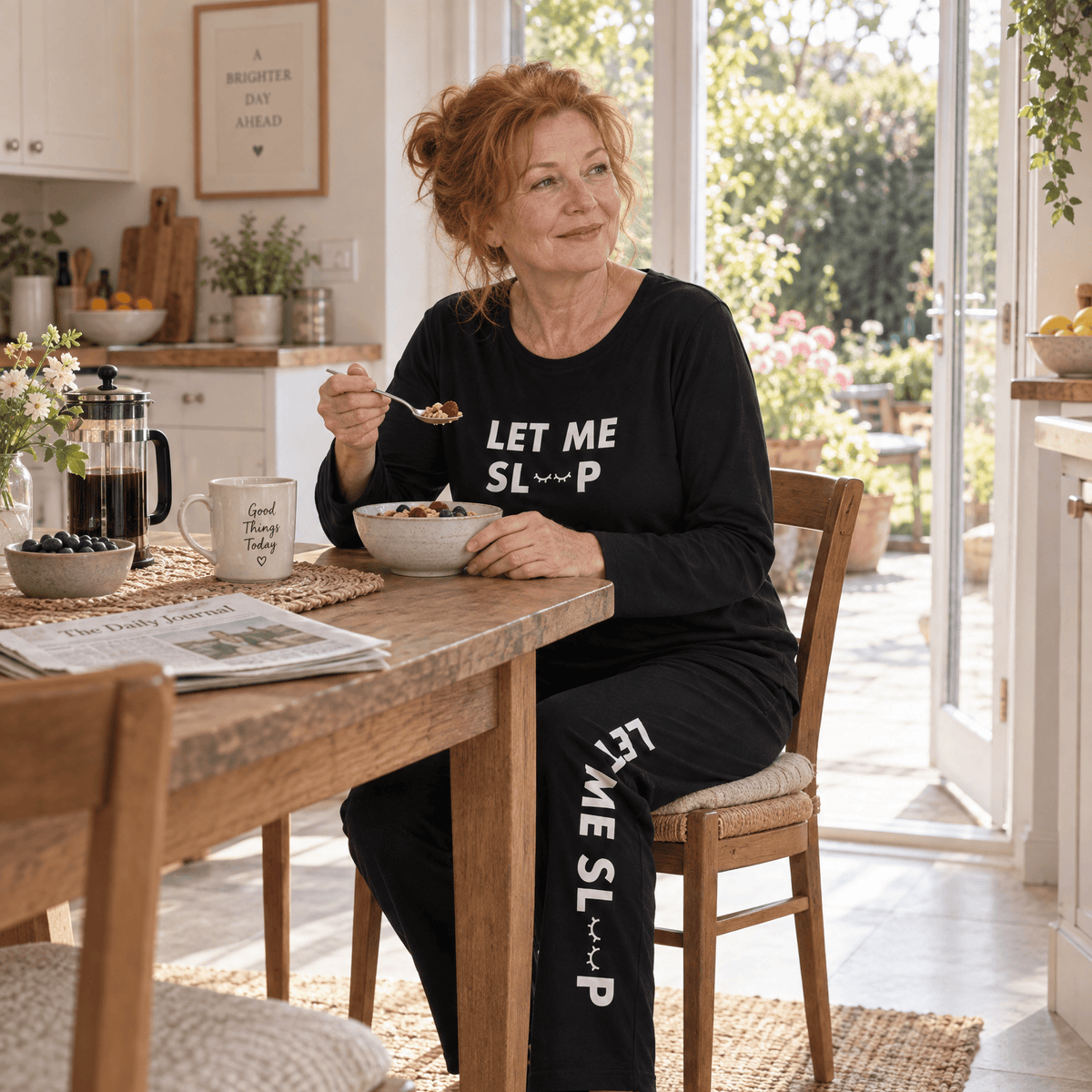 Woman in black Let Me Sleep lightweight pyjama set by Night Owl Pyjamas eating breakfast.