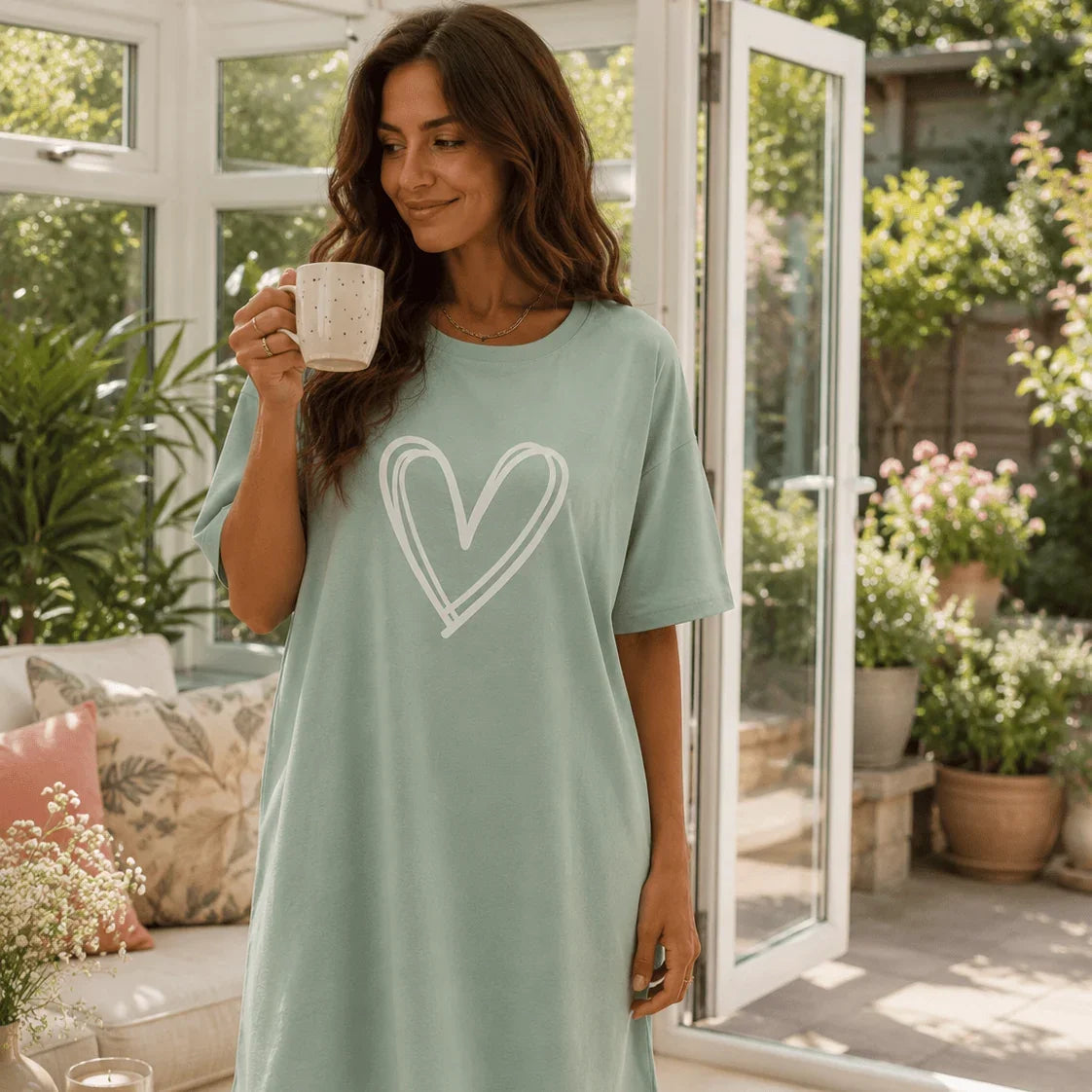 Woman wearing a light green Night Owl Pyjamas loose fit nightdress with a white heart design.