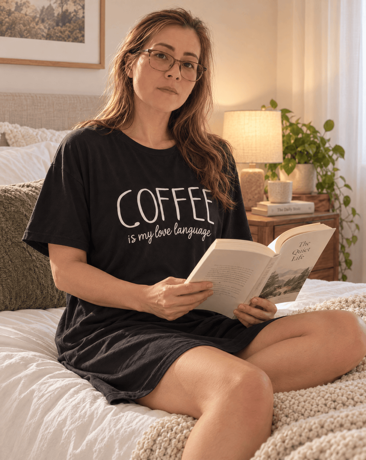 Woman wearing a black Night Owl Pyjamas oversized nightdress with coffee text, reading in bed.