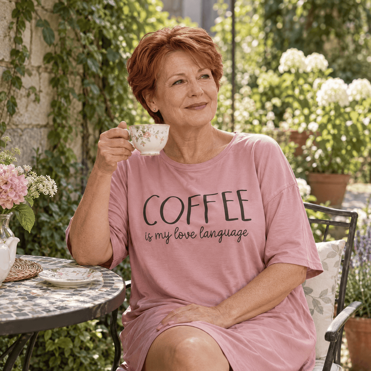 Woman in a pink Night Owl Pyjamas oversized nightdress with 'COFFEE is my love language' text.