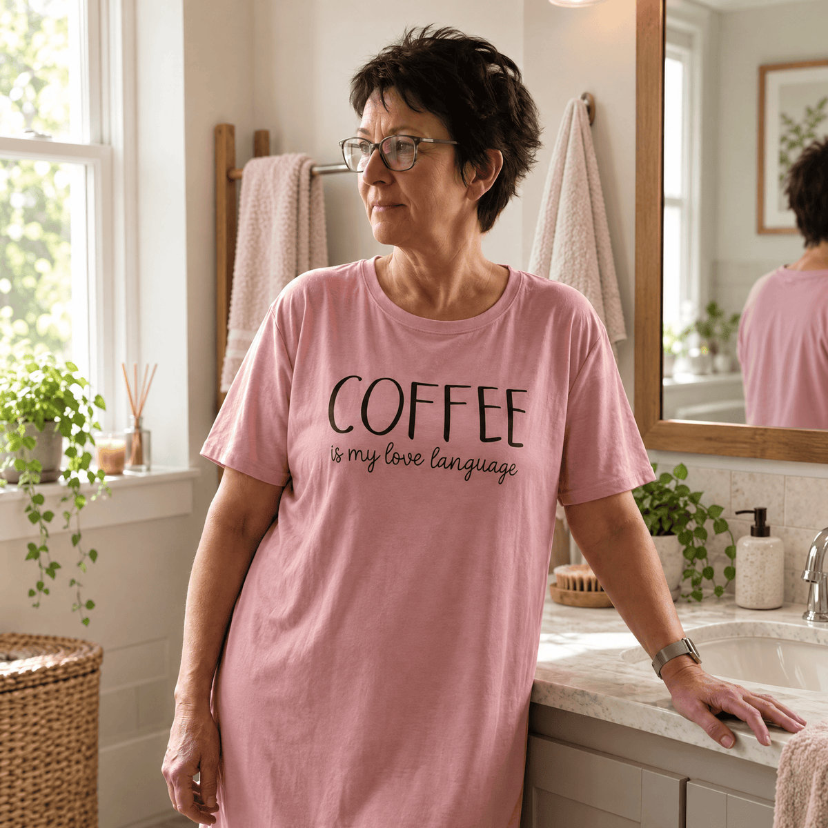 Woman wearing a pink Night Owl Pyjamas oversized nightdress with 'COFFEE is my love language' text.