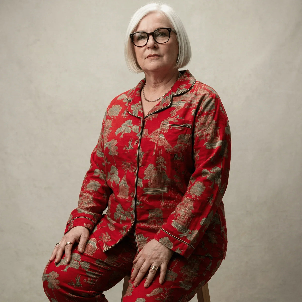 Woman wearing Night Owl Pyjamas Oriental Bloom red cotton pajama set with a scenic print.