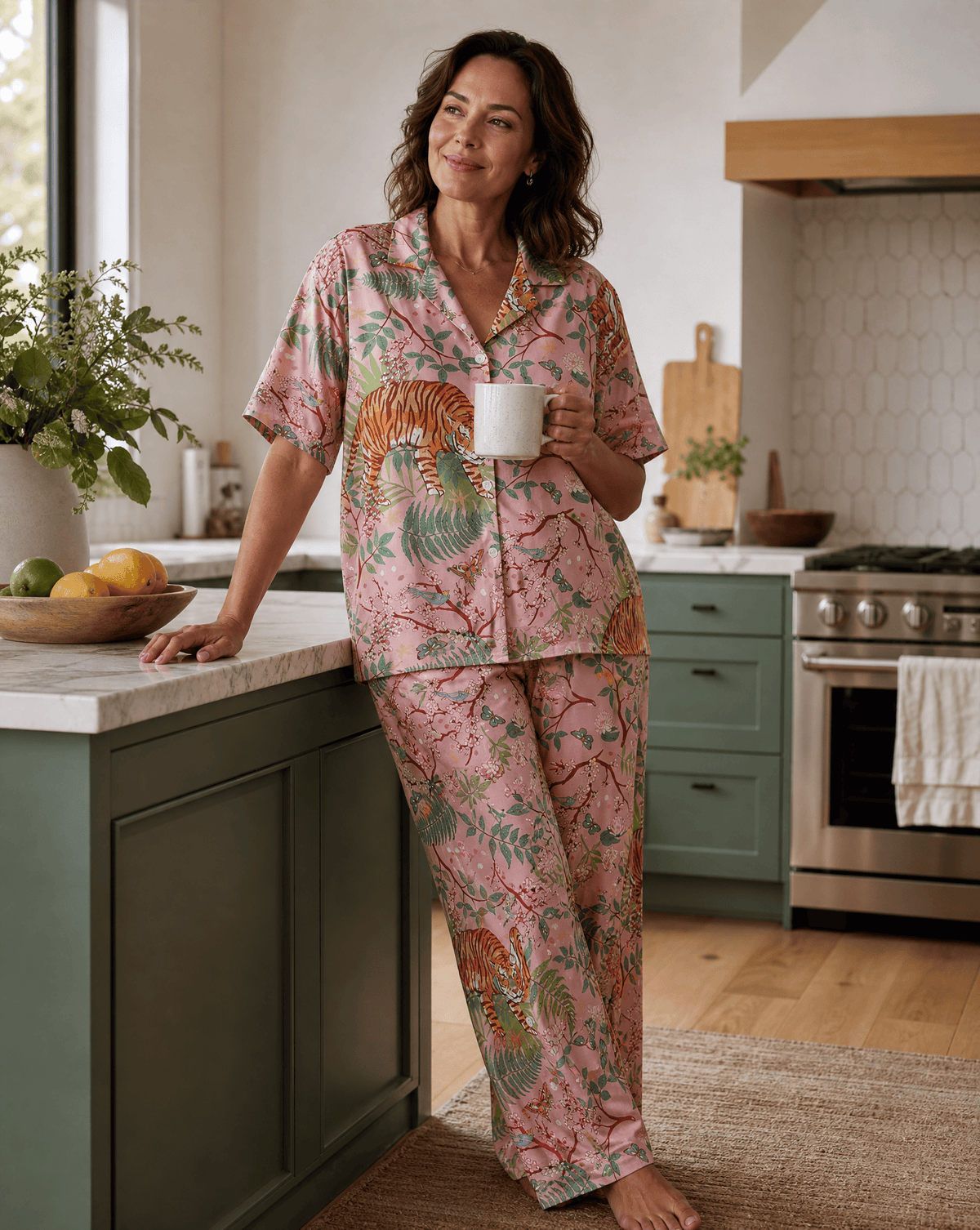 Night Owl Pyjamas Wild Tiger women’s pink viscose long pyjamas, worn