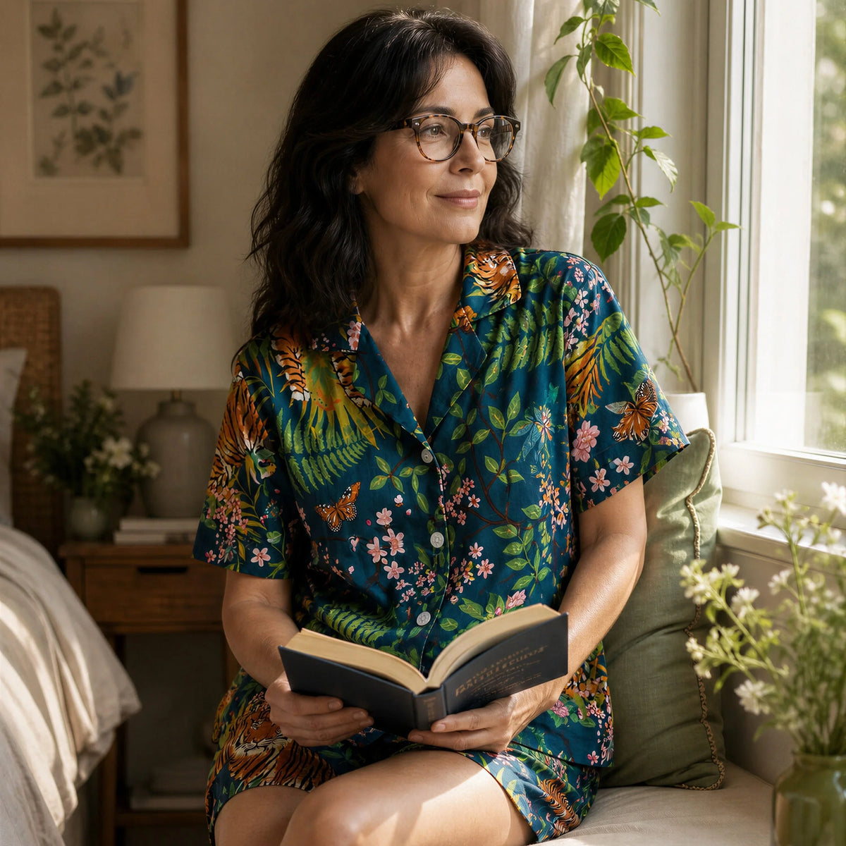 Woman in Night Owl Pyjamas Wild Tiger viscose short pyjamas reading a book by a window.