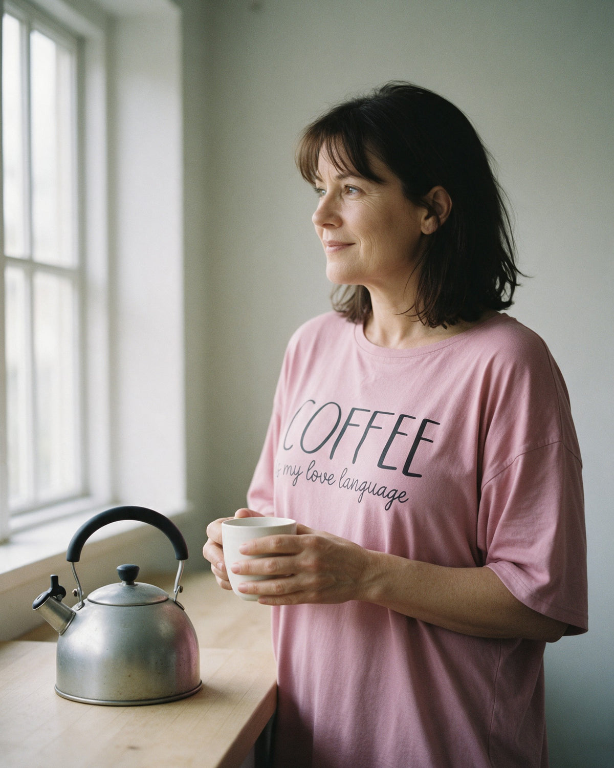 Slow Coffee Morning Women’s Lightweight Oversized Nightdress, worn at home