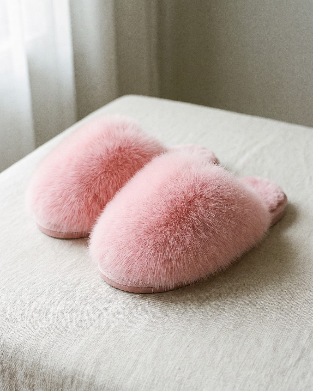 Closed-toe faux fur pom pom slippers in pink