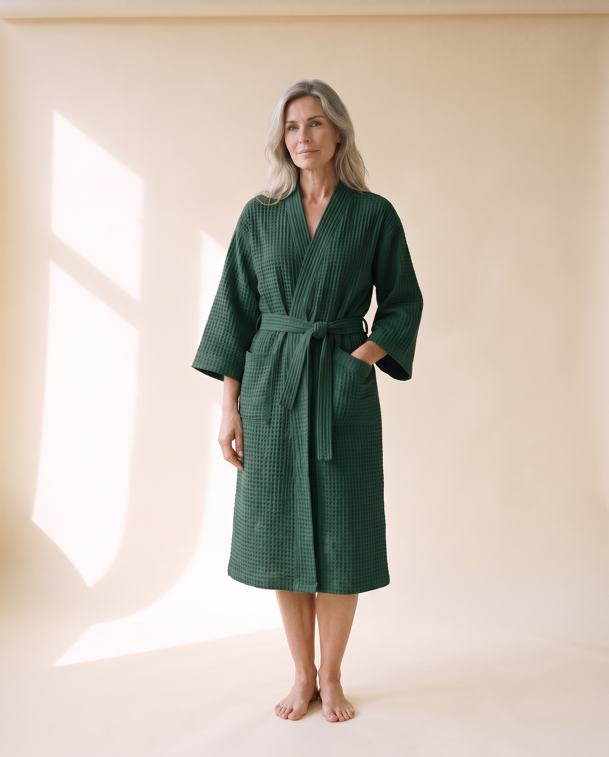 Sunday Waffle Cotton Hotel Robe in Dark Green, front view
