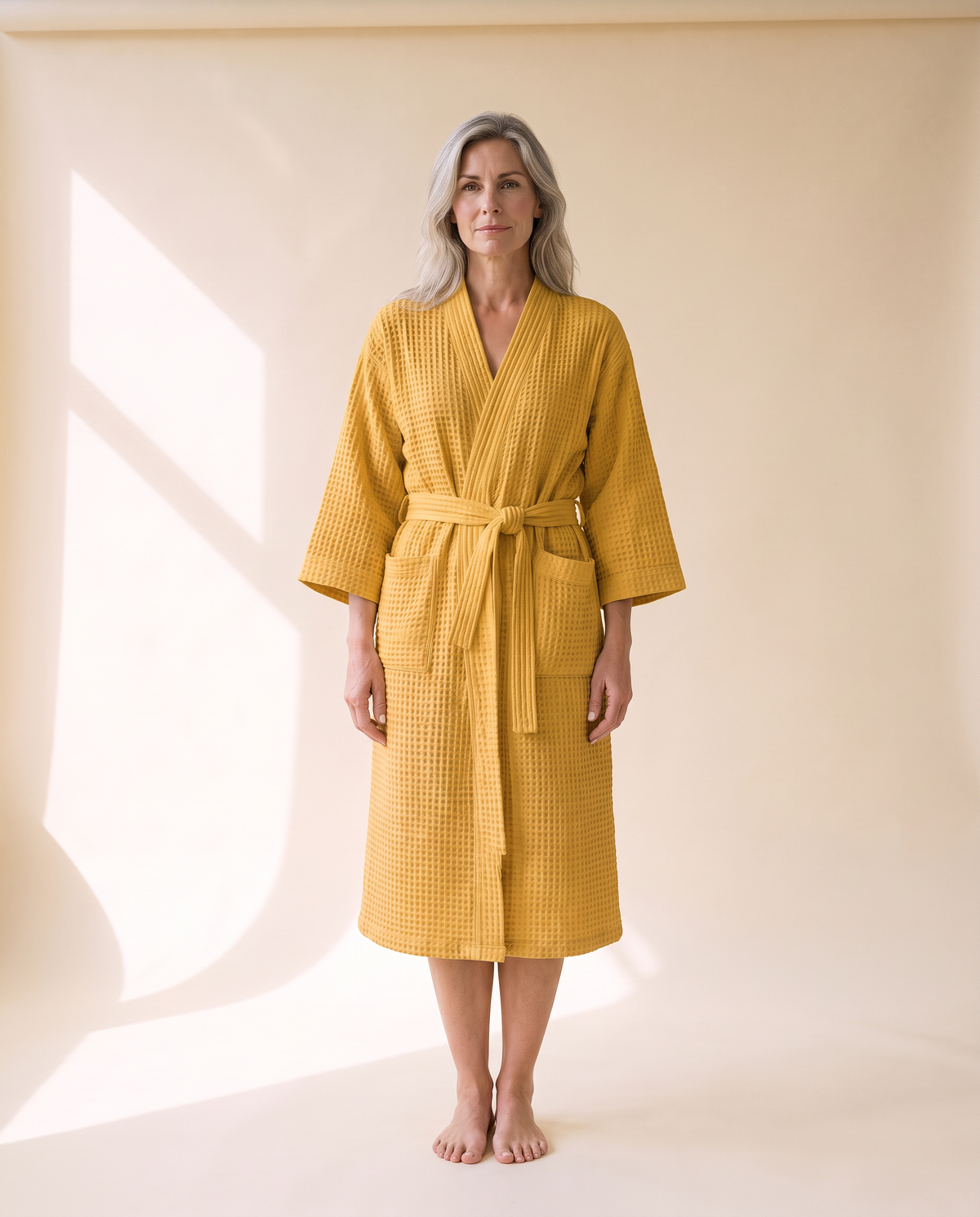 Sunday Waffle Cotton Hotel Robe in Yellow, front view