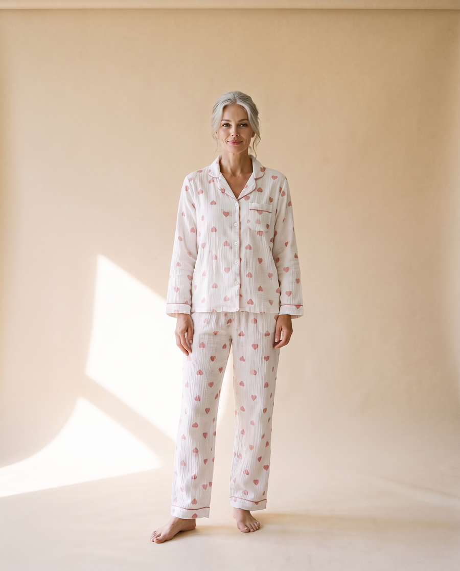 Sweetheart cotton gauze pyjama set in White, front view