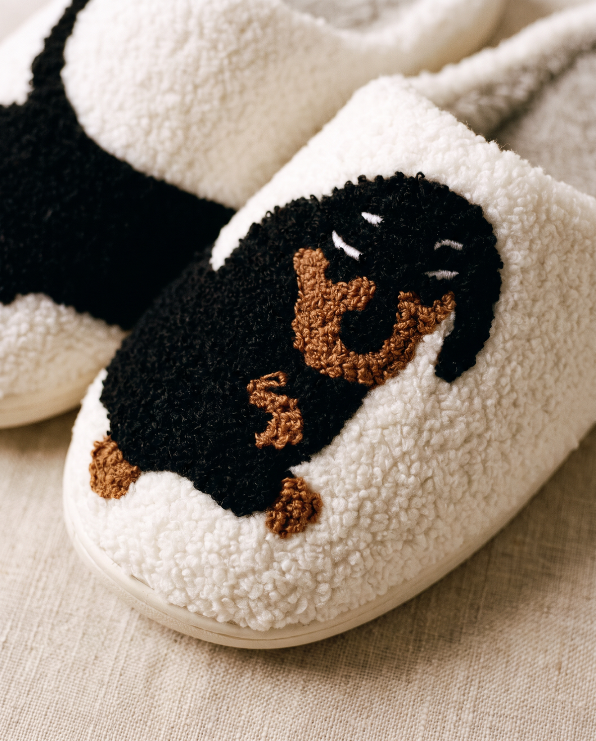 Dachshund Print Plush Night Slippers, close-up detail
