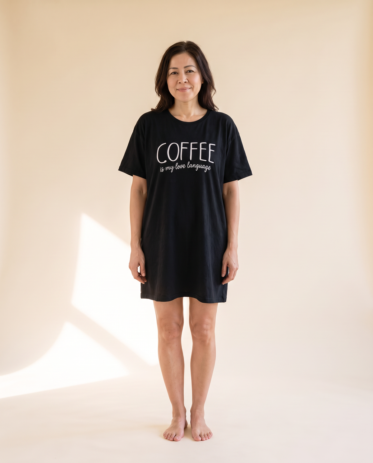 Slow Coffee Morning oversized nightdress in Black, front view
