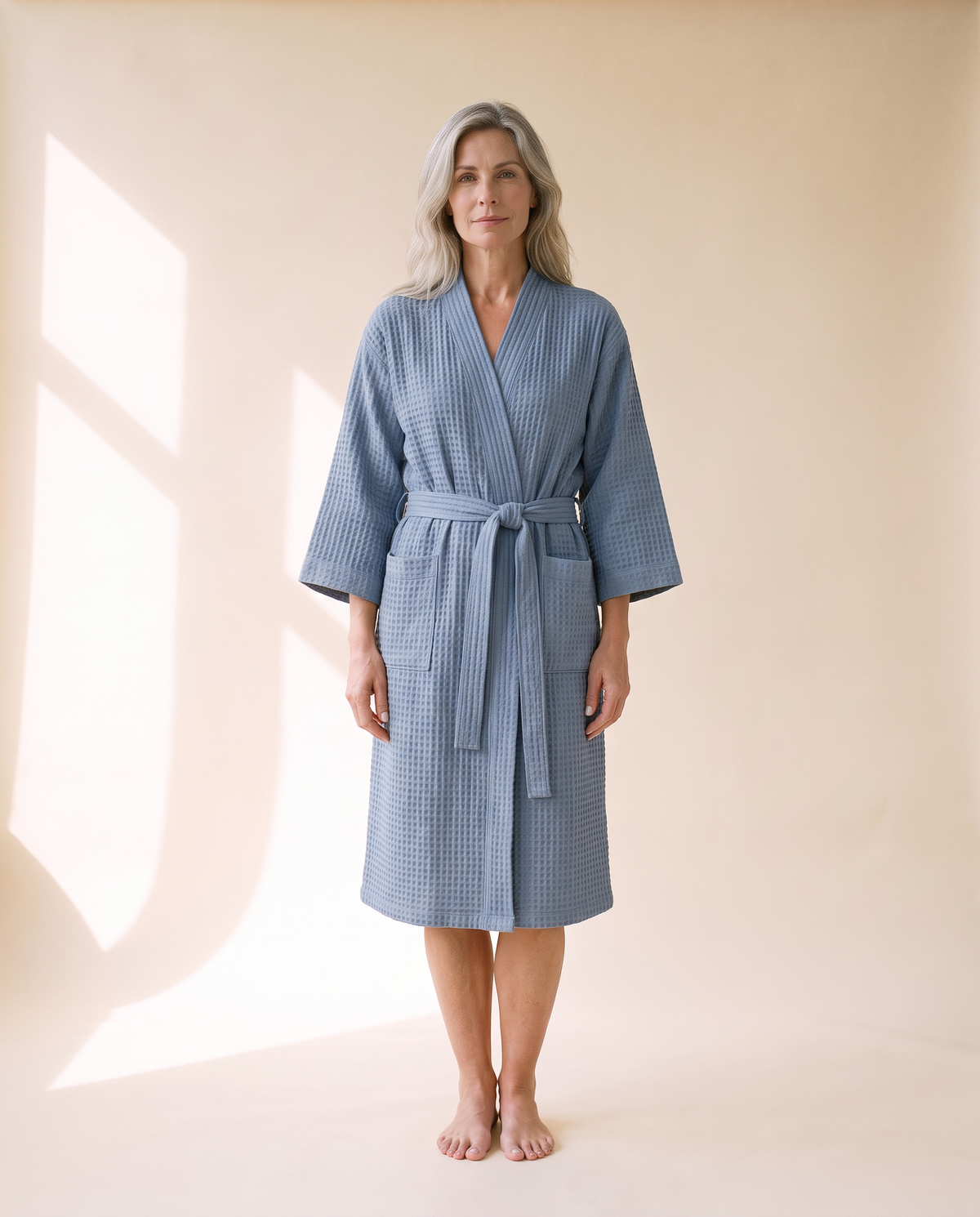 Sunday Waffle Cotton Hotel Robe in Blue, front view