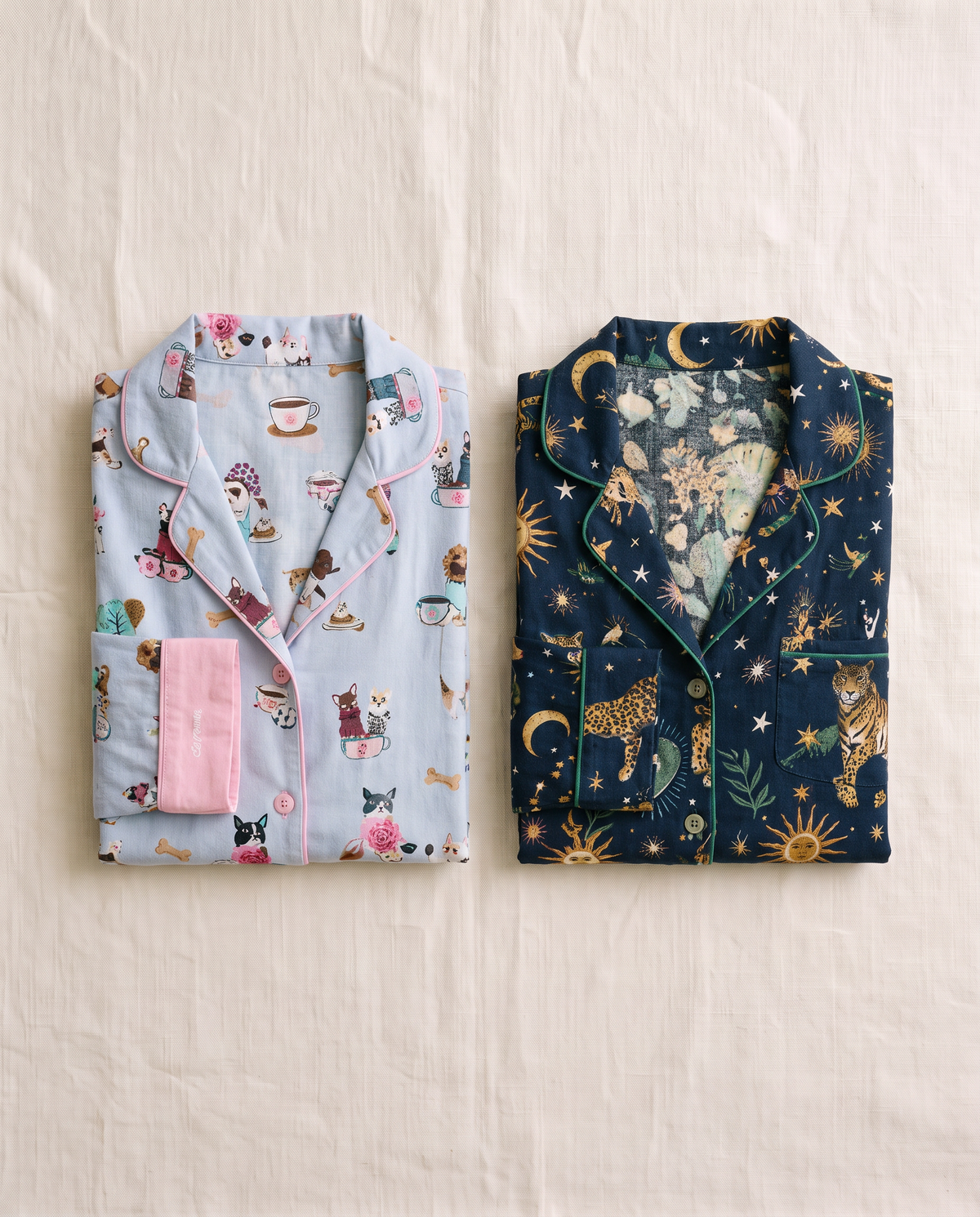 Pick a Print nightdresses folded in Coffee Cats and Navy Galaxy