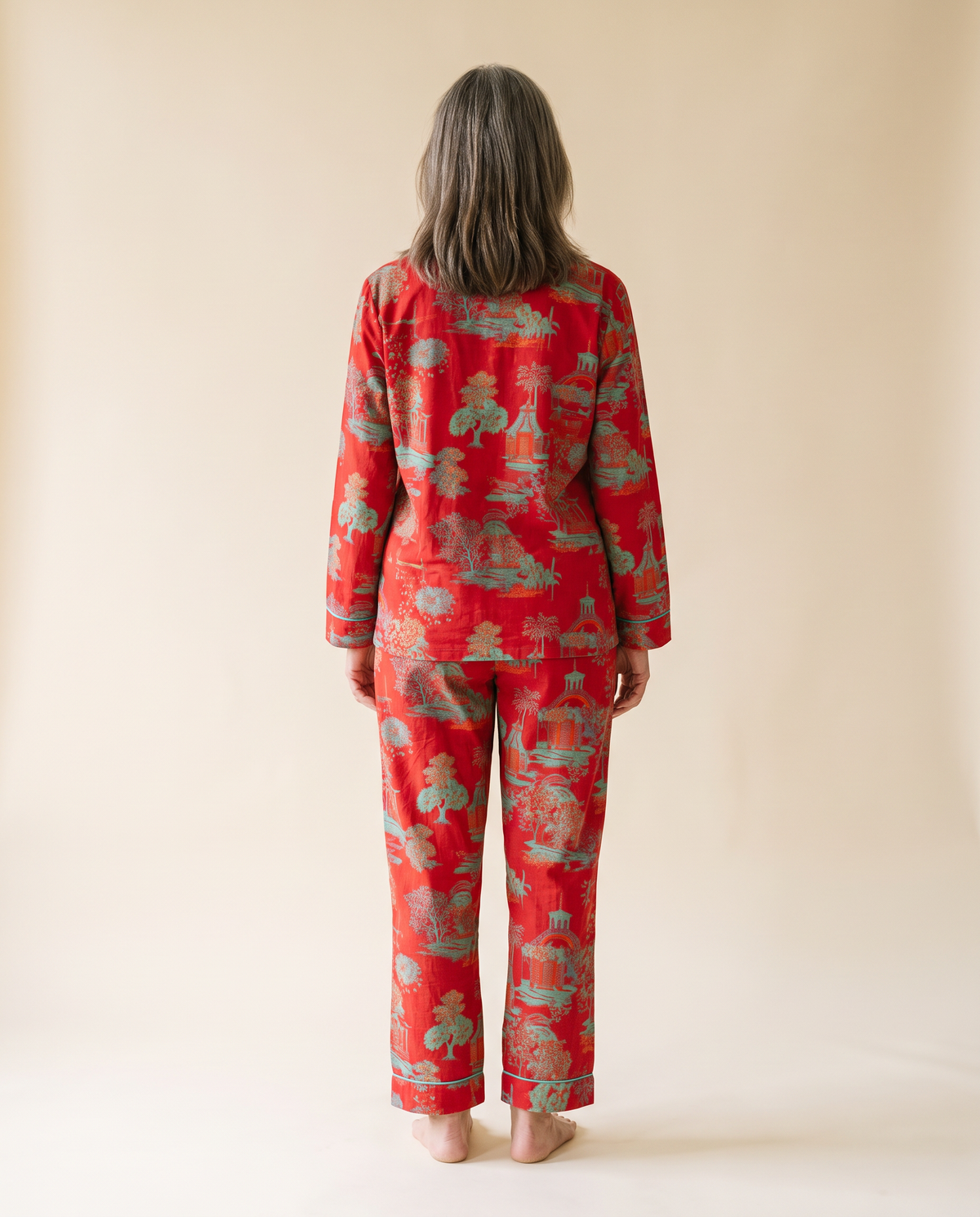 Oriental Bloom 100% cotton pyjamas in Fire Red, back view