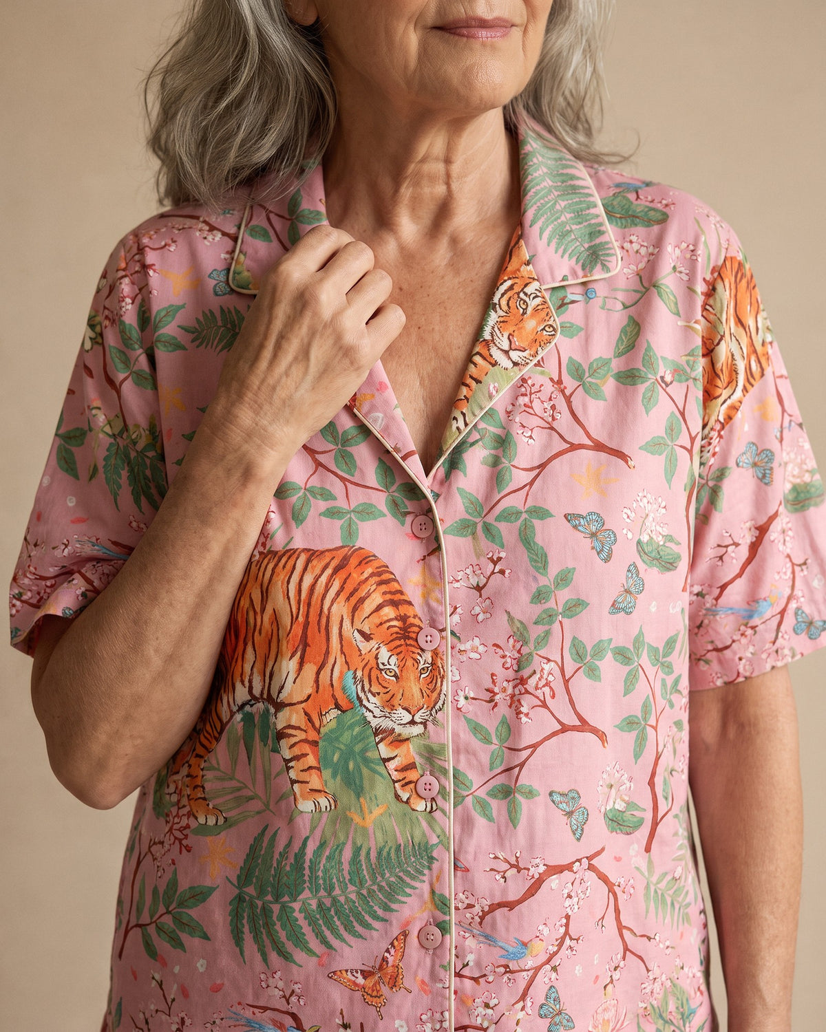 Wild Tiger women’s 100% viscose long pyjama set, close-up detail