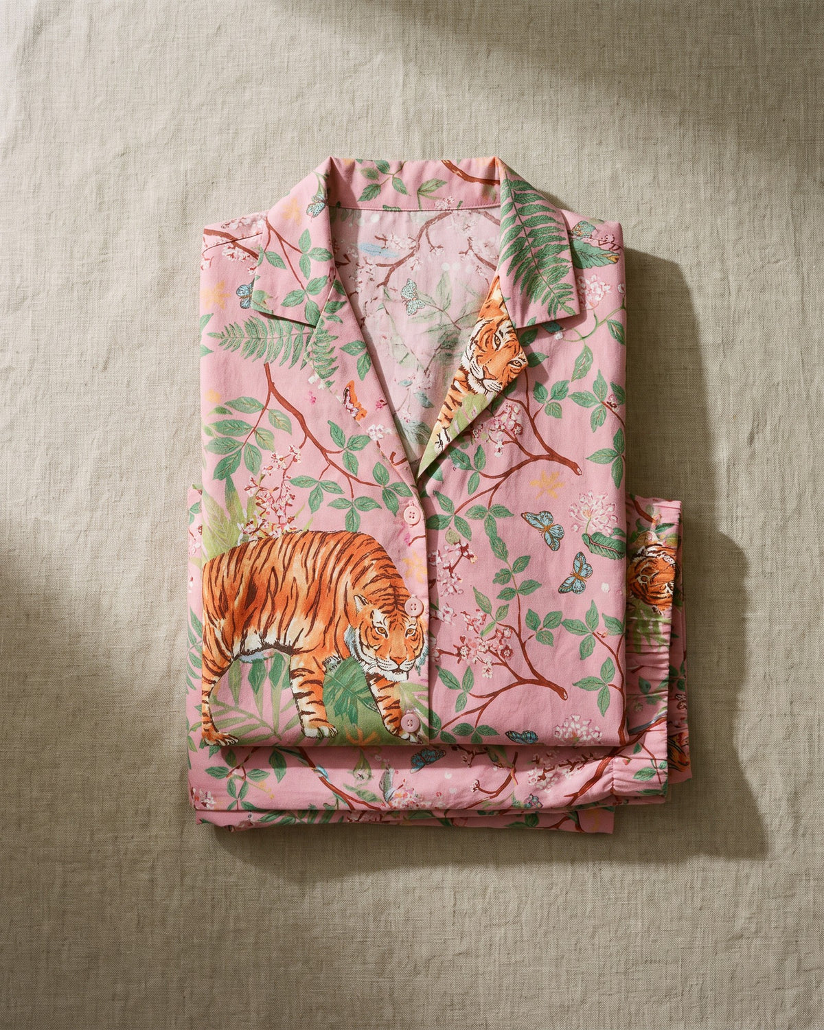 Wild Tiger women’s 100% viscose long pyjama set, folded flat lay