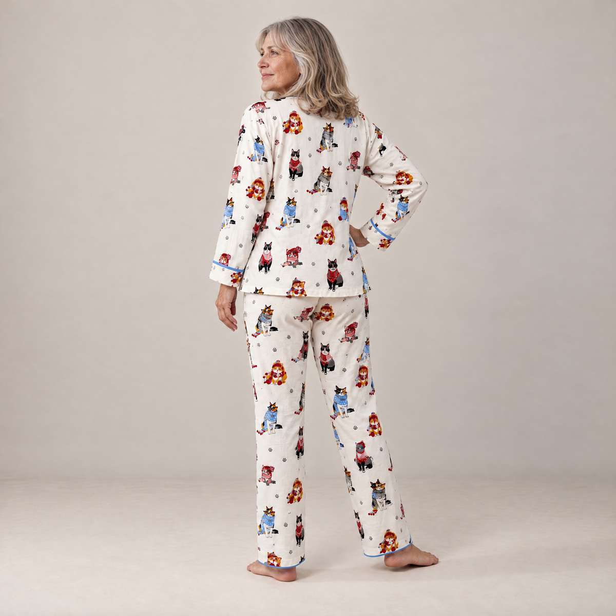 Back view of the White Cats in Hats cotton flannel pyjama set
