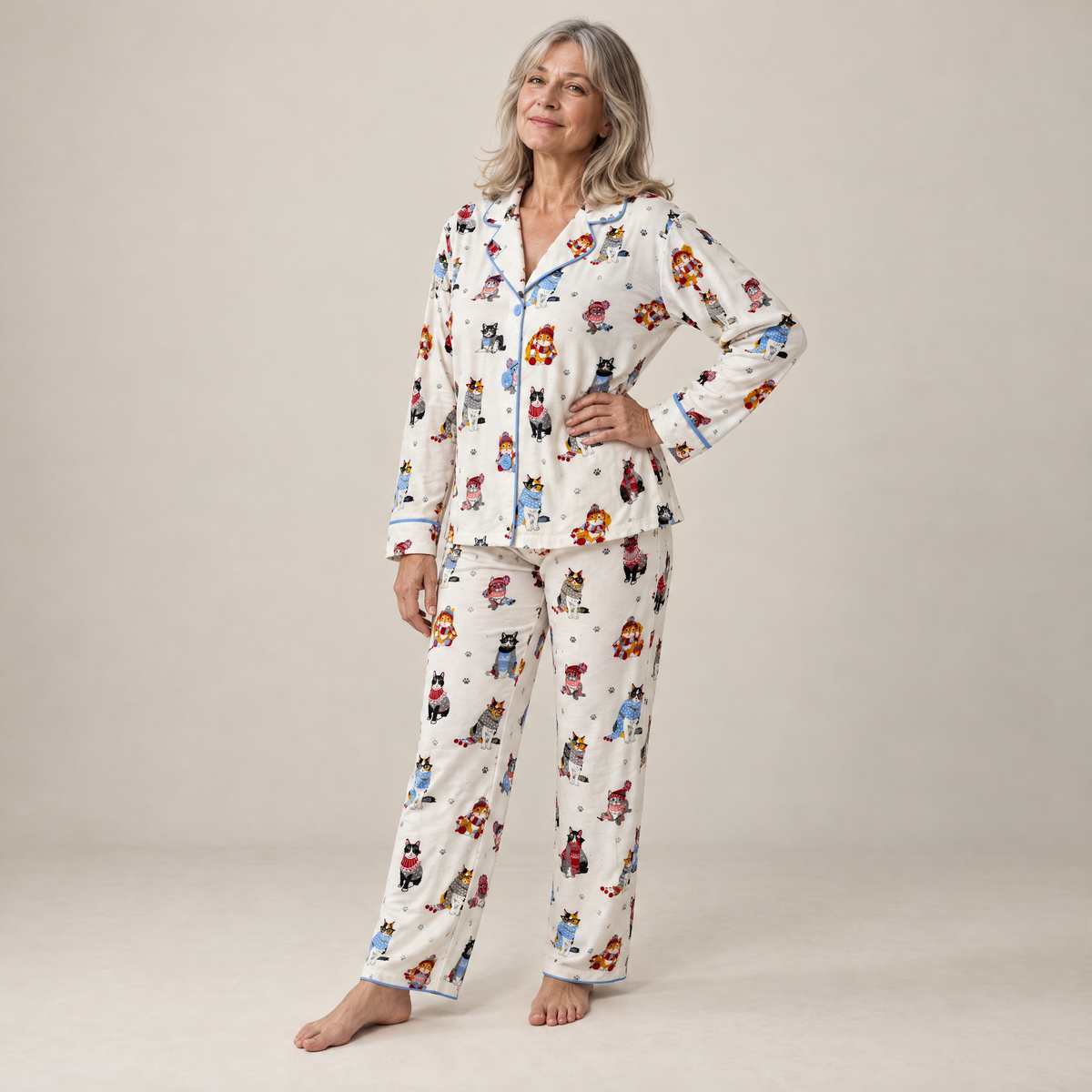 Woman wearing white cotton flannel pyjamas with a print of cats in hats, full-length front view