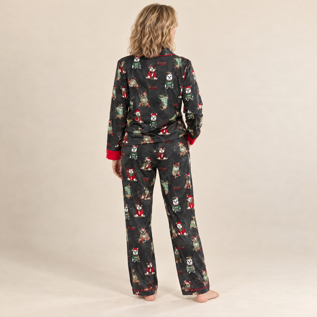 Back view of the Black Christmas Dogs flannel pyjama set, long-sleeved shirt and full-length trousers