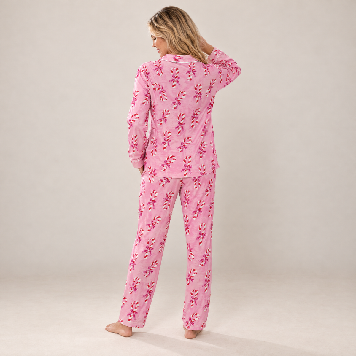 Back view of the Pink Candy Canes cotton flannel pyjama set